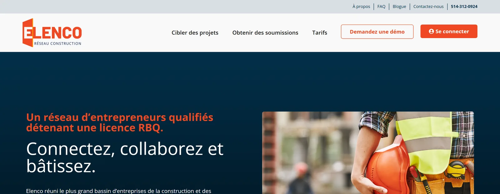 Page d’accueil d’Elenco montrant un travailleur de la construction et le message « Connectez, collaborez et bâtissez »