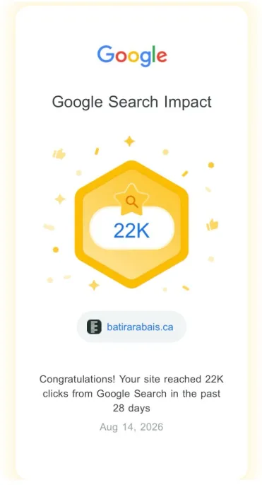 Notification de Google Search Console indiquant 22 000 clics depuis la recherche Google en 28 jours pour batirarabais.ca