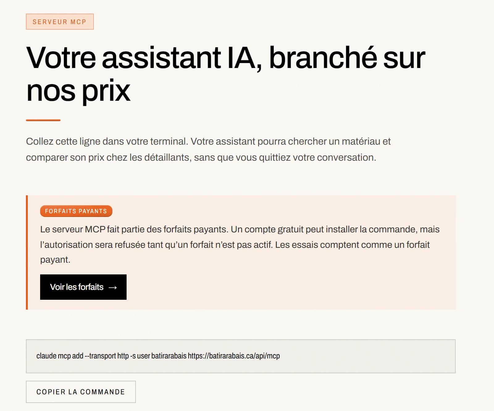 La page d’installation du connecteur Bâtir à Rabais, avec la commande à coller dans un terminal