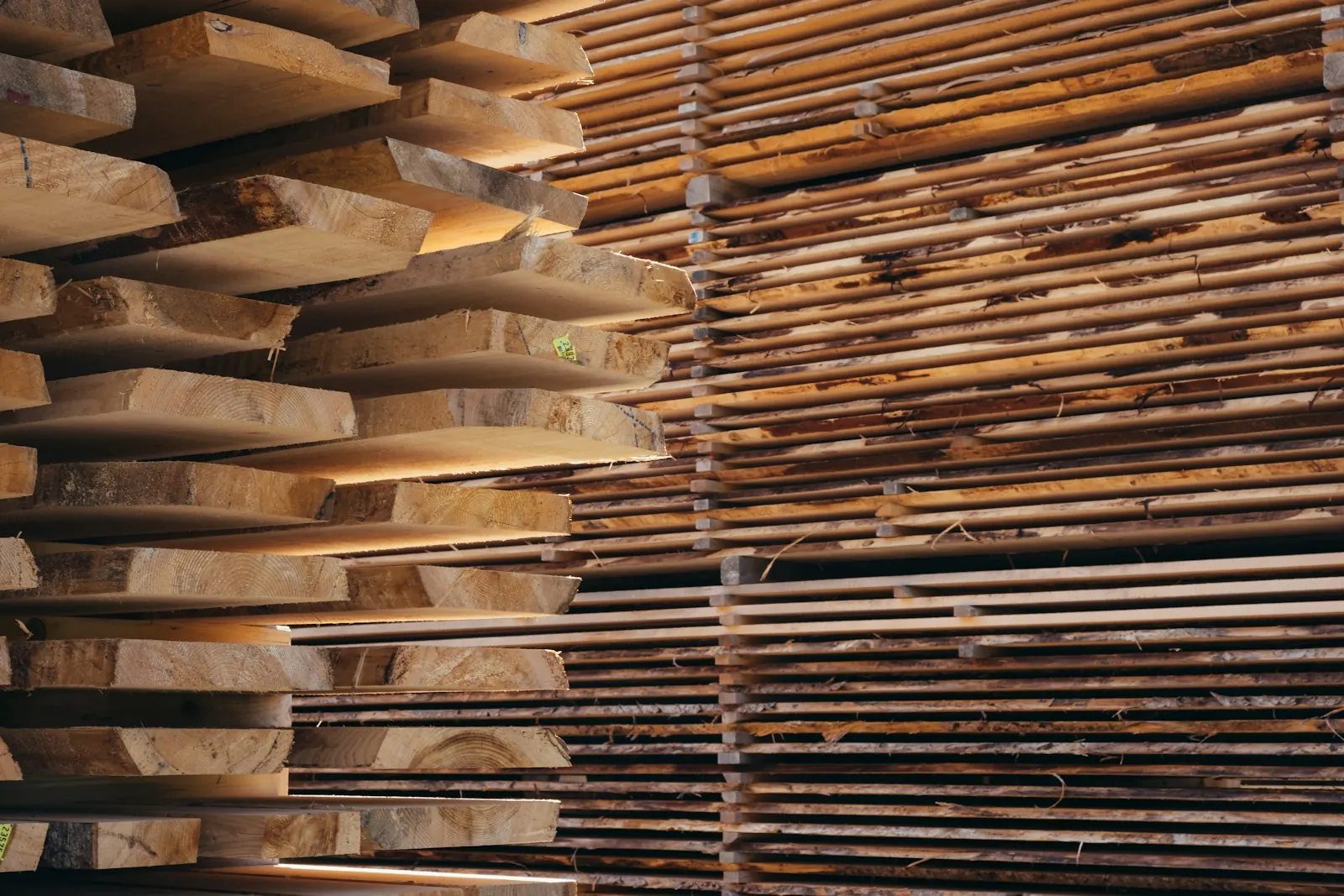 Piles de planches de bois brut empilées et séparées par des lattes, dans une cour à bois