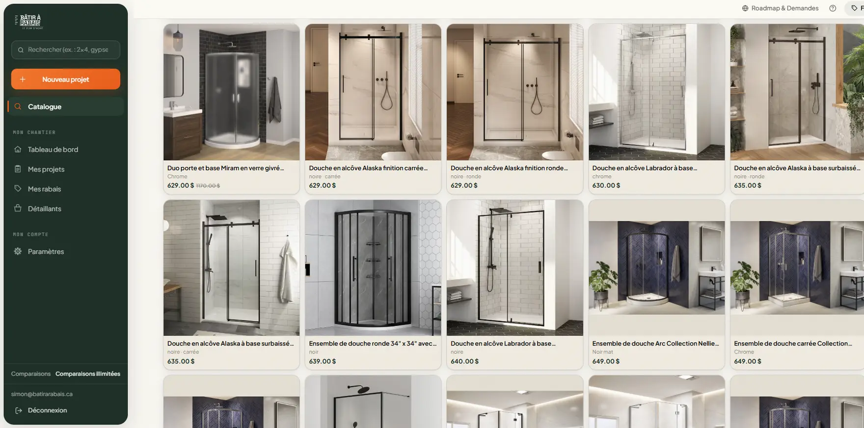 Le catalogue de Bâtir à Rabais affichant des ensembles de douche d’un détaillant partenaire avec leur prix