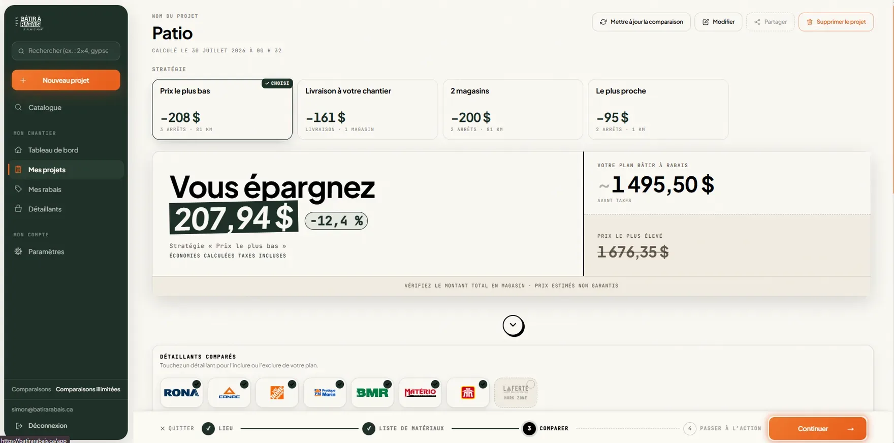 L’écran de comparaison de Bâtir à Rabais montrant une économie de 207,94 $ sur un projet de patio, et quatre stratégies d’achat au choix