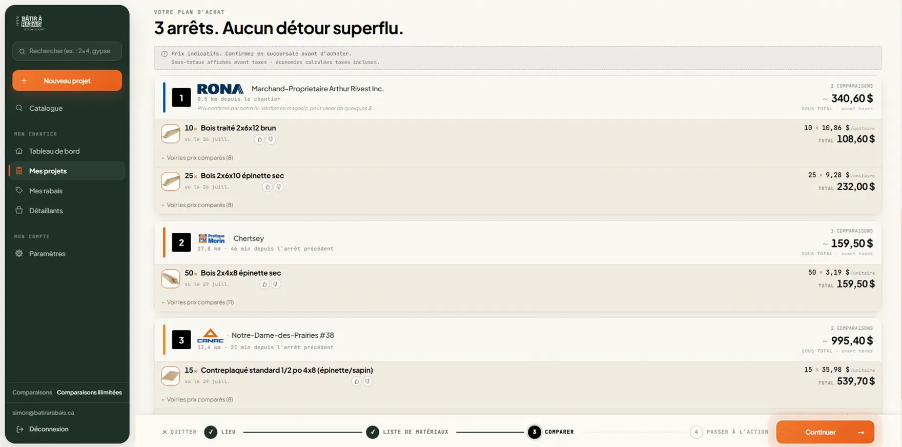 Le plan d’achat de Bâtir à Rabais découpé en trois arrêts, chez Rona, Patrick Morin et Canac, avec le sous-total de chaque magasin