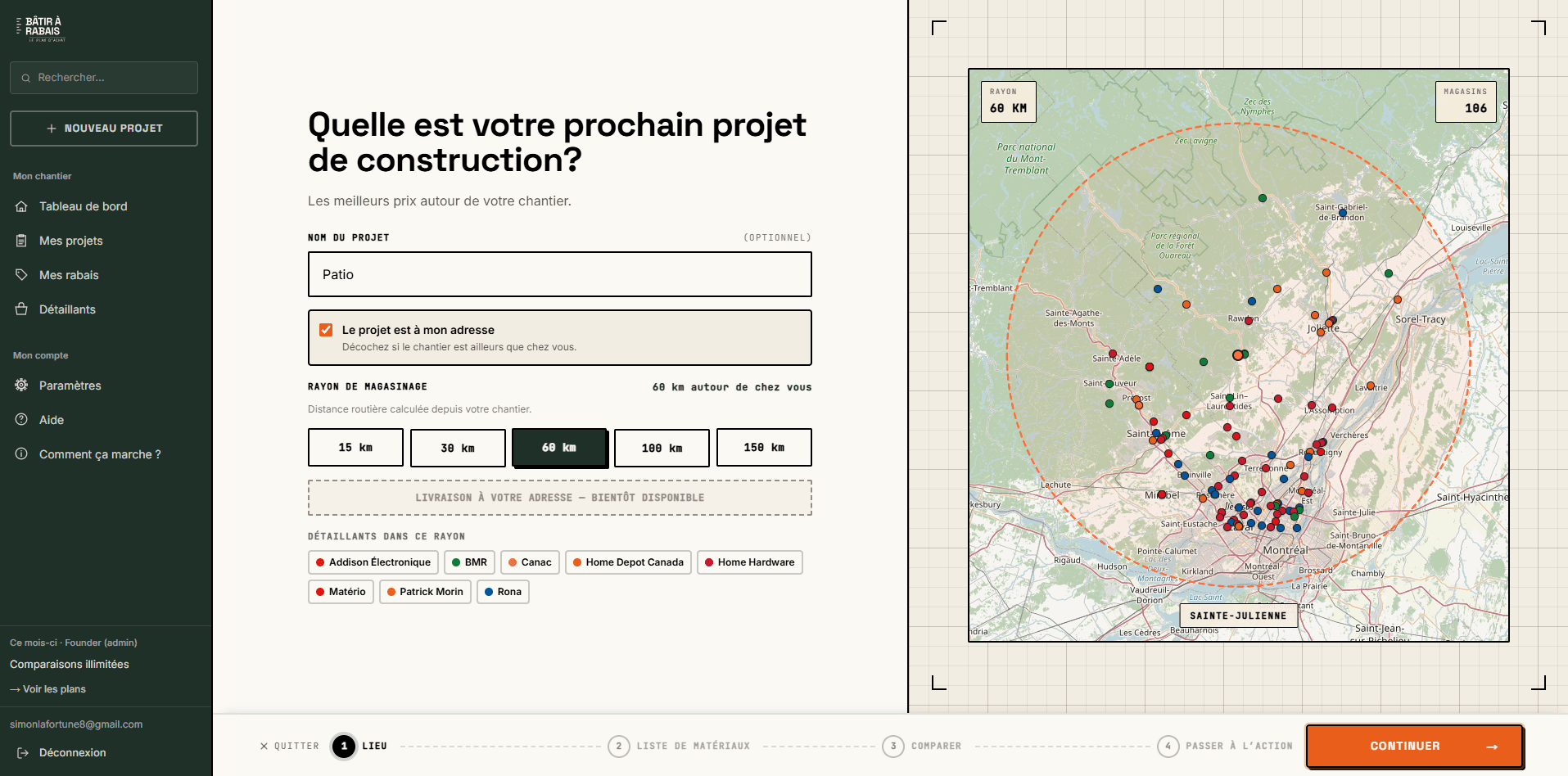 Sélection du chantier avec carte et rayon de magasinage