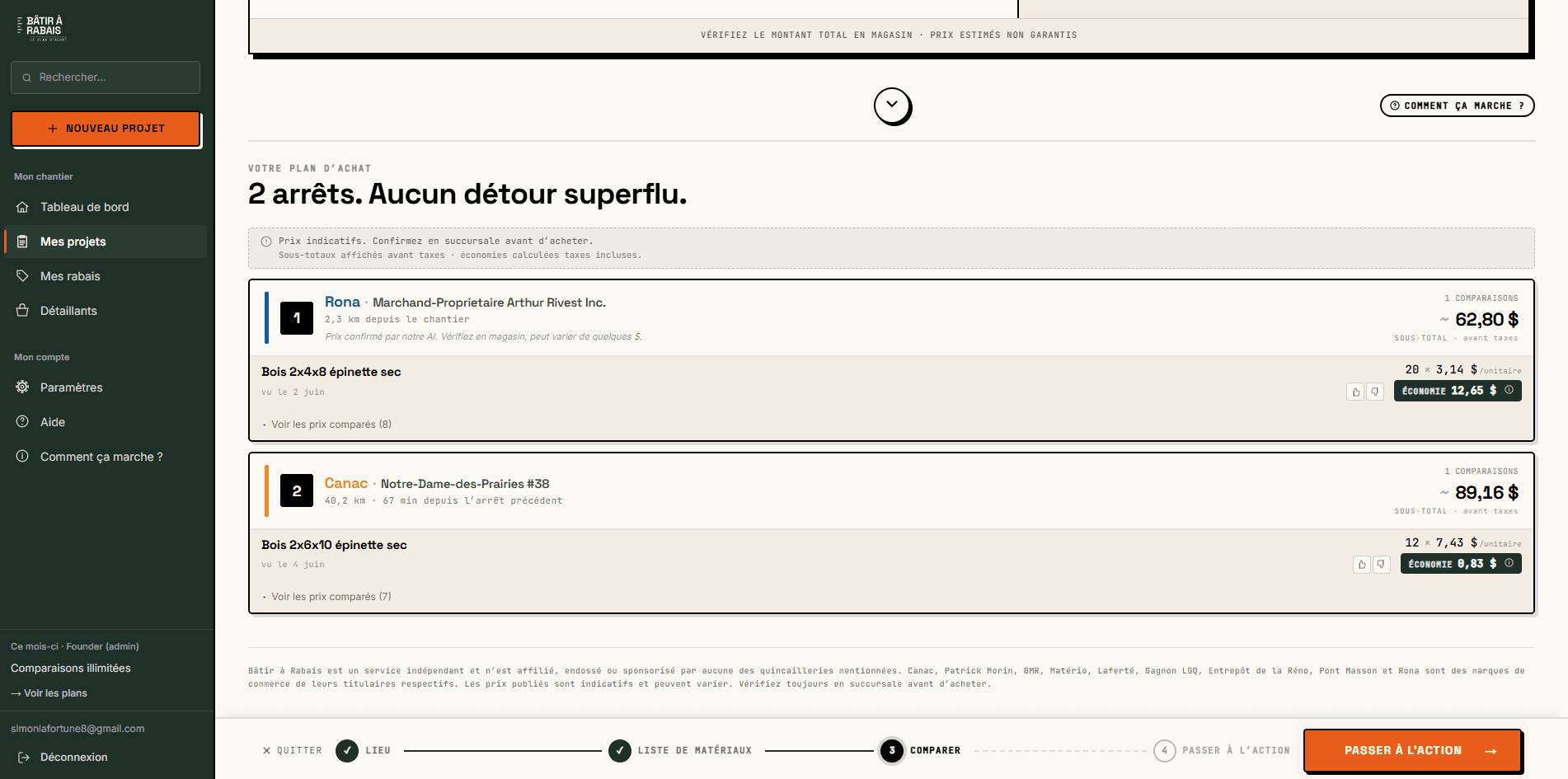 Plan d’achat magasin par magasin avec articles et économies