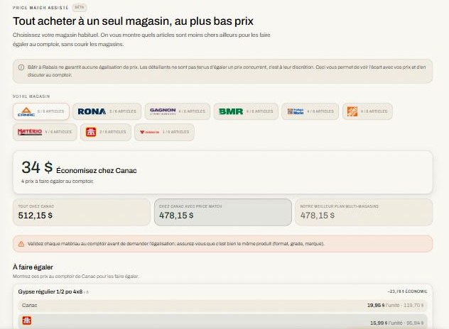 Le mode égalisation de Bâtir à Rabais : les articles moins chers ailleurs, à faire égaler au comptoir.