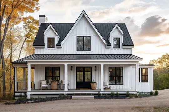 Country house with white board and batten siding, covered porch and black metal roof